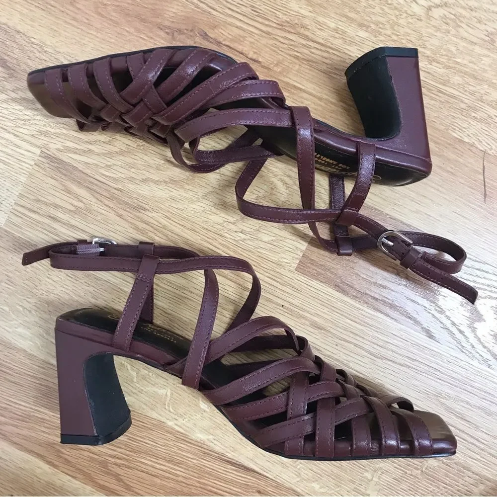 SEYCHELLE Burgundy Braided Leather Chunky Heel Sandal Strappy Woven‎ Size 6